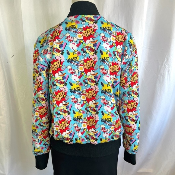 COMIC BOOK BOMBER JACKET CARTOON POW POP GRAPHIC BLUE RED MULTICOLOURED MEDIUM - Picture 6 of 12